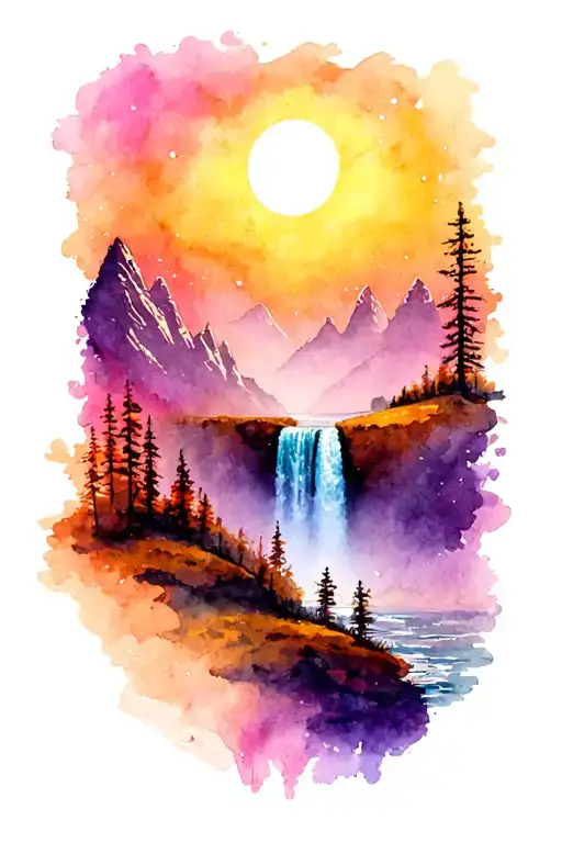 Waterfall Mountains Sunset