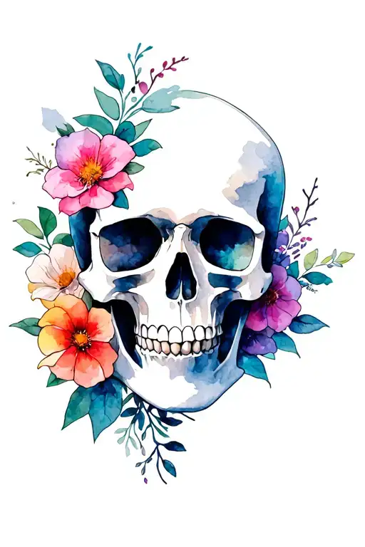 Skull And Flowers Blooming