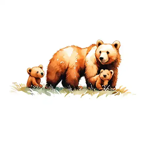 3 Bear Cubs Playing In A Wilderness Scene With Male Bear Guarding