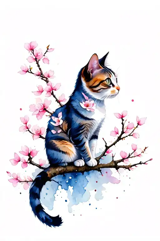 Cat Sitting On The Branches Of Sakura On