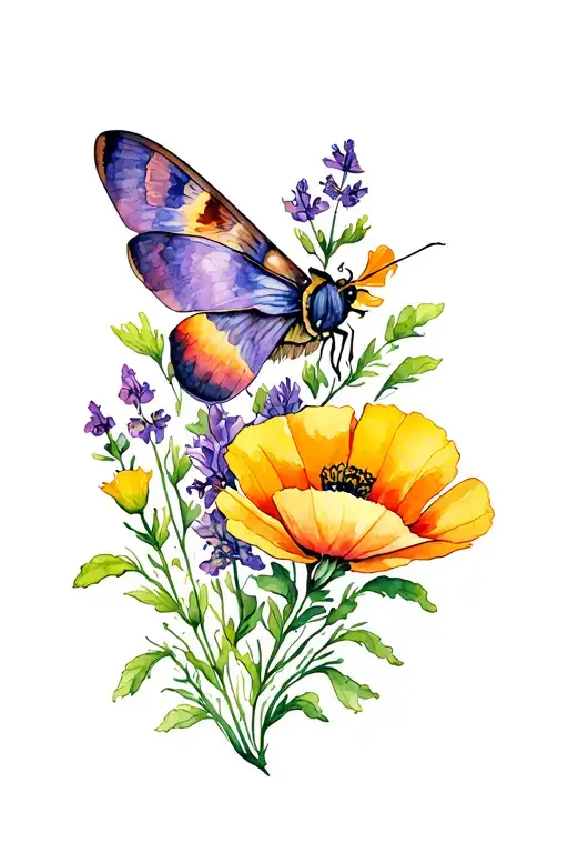 Moth With California Golden Poppy And New Jersey Violet