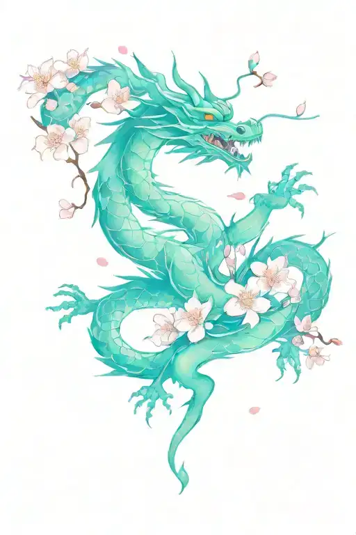 Asian Dragon Cherry Blossom Flowers Brush Strokes Minimalistic
