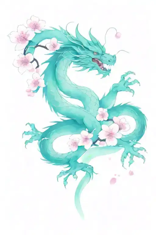 Asian Black Dragon Pink Cherry Blossom Flowers Brush Strokes Minimalistic