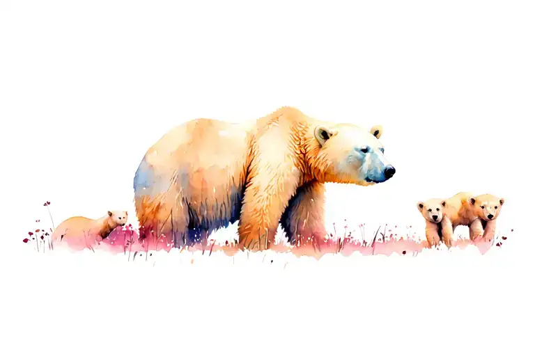 Polar Bear With 3 Cubs Playing In A Field