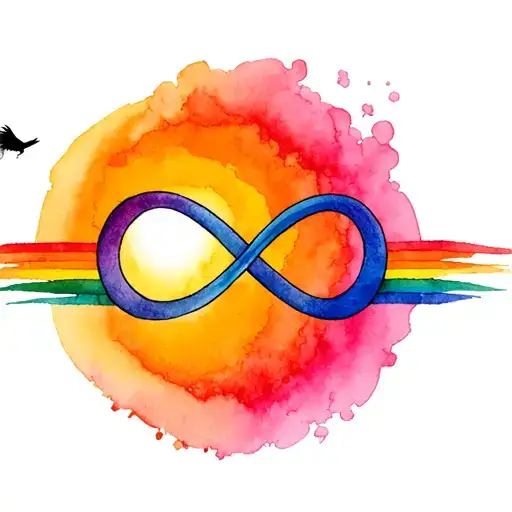 Autism Infinity Symbol In Sunset Colurs With Small Black Bird Flying Out Of The Edge Of The Rainbow