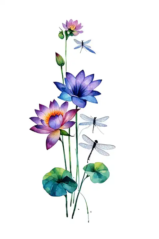 Water Lily And Morning Glory Together With 1 Dragonfly