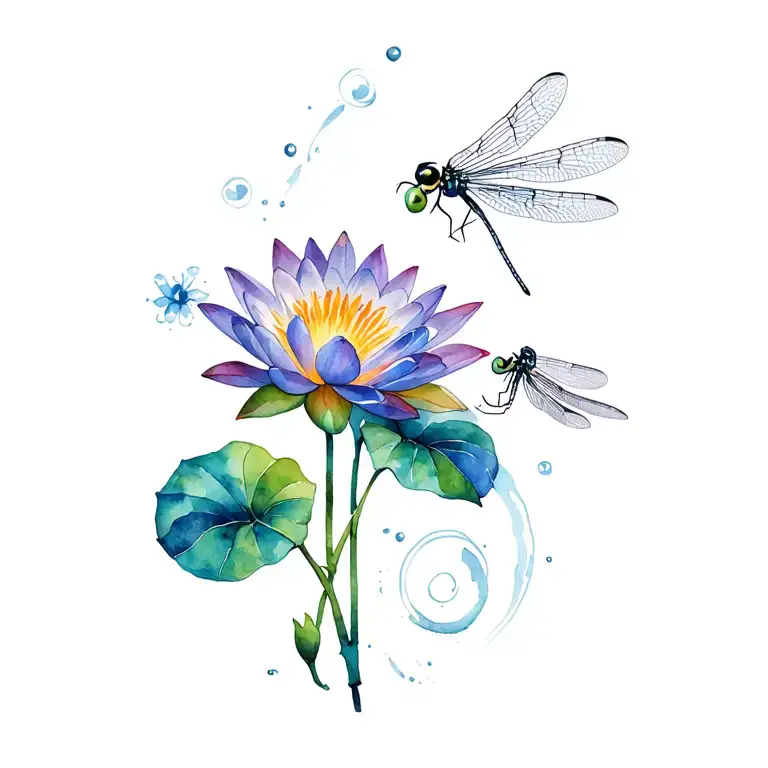Water Lily And Morning Glory Flowerintertwined With A Dragonfly