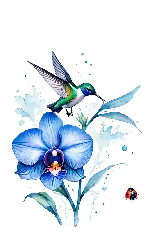 Hummingbird Hovering Near A Blue Orchid That Had A Ladybug In The Flower