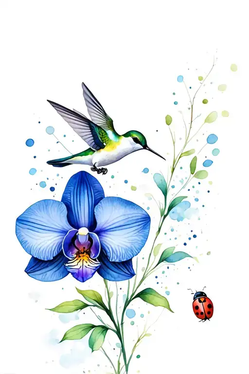 Hummingbird Hovering Near A Blue Orchid That Had A Ladybug In The Flower