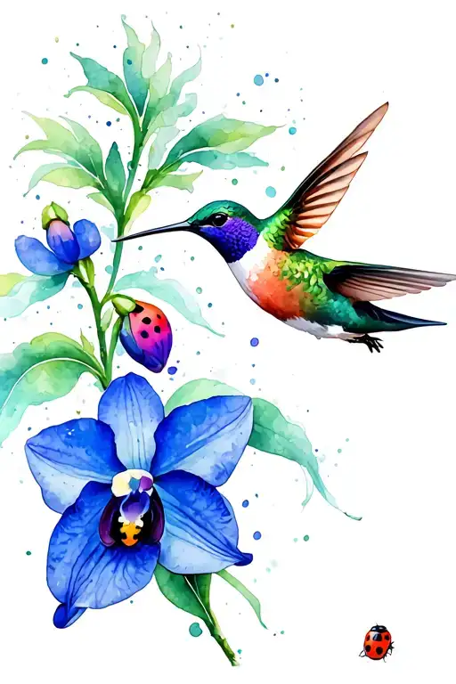 Hummingbird Hovering Near A Blue Orchid That Had A Ladybug In The Flower