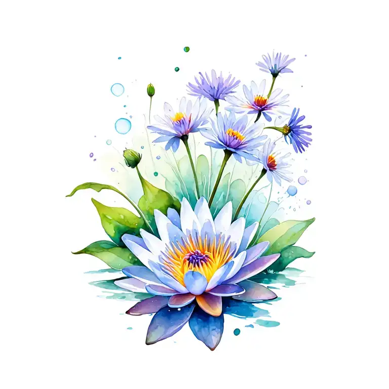 Water Lily And Aster Flowers Connected