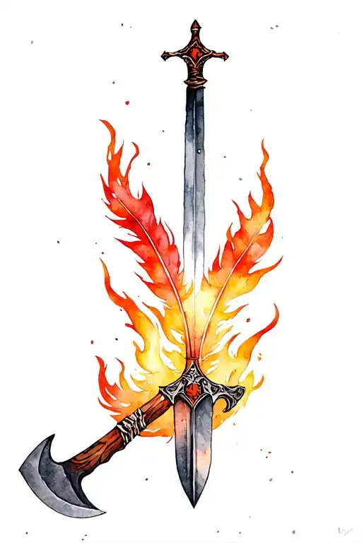 Feathers With Axe And Sword And Flames