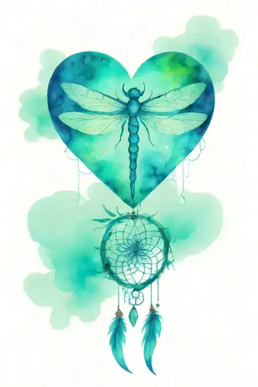 Cross Going Through Heart With Dragonfly And Dream Catcher