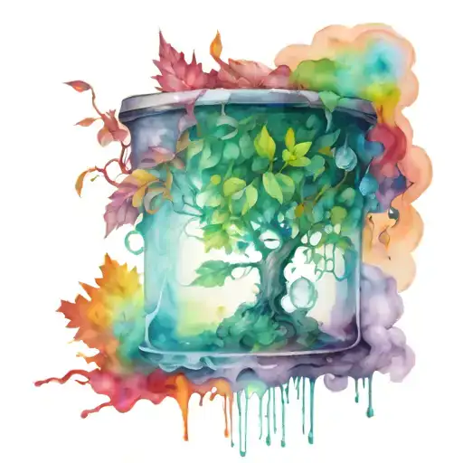 A Large Tree With Rainbow Leaves Growing Out Of A Giant Couldron