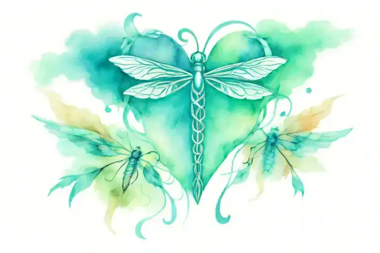 Cross Going Through Heart Tattoo With Dragonfly Flying With Dreamcatcher