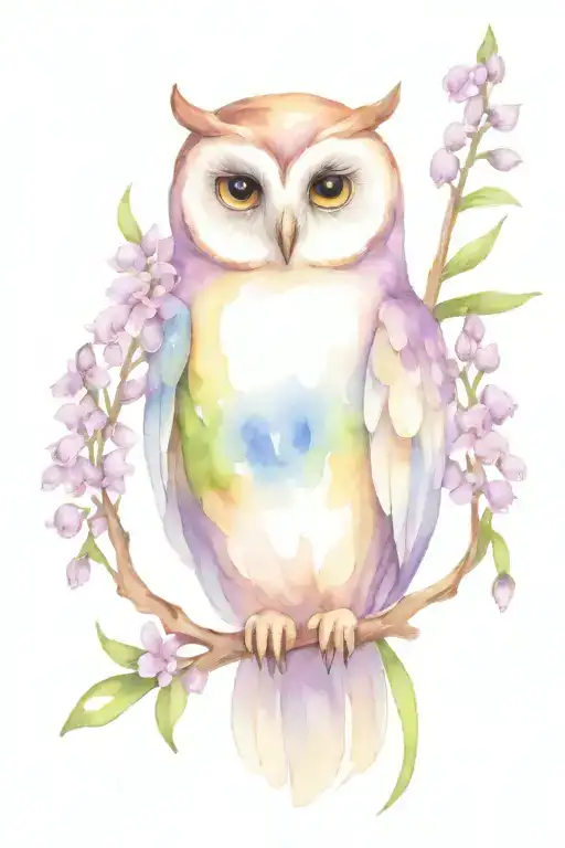 Owl With Lavender And Lily Of The Valley Flowers Intertwined