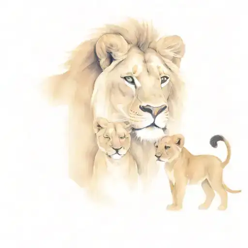 Mother Lioness And Lion Cubs