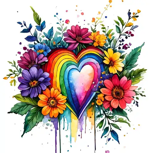 Rainbow Heart And Flowers Surrounding