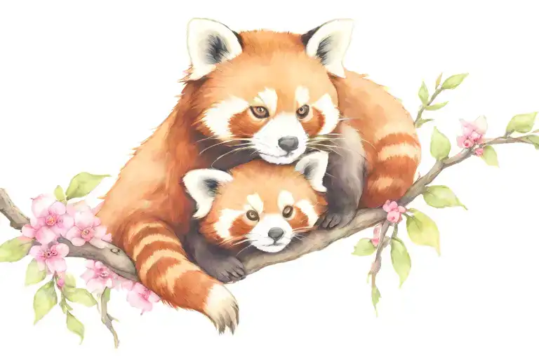 Red Panda Mother And 4 Red Panda Babies On A Cherry Blossom Branch
