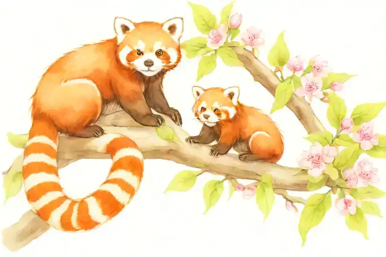 Red Panda Mother And 4 Red Panda Babies On A Cherry Blossom Branch