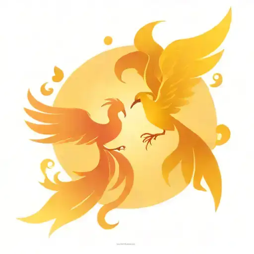 Colorful Couples Tattoo With Hearts And Rising Phoenix Out Of Blue Waves