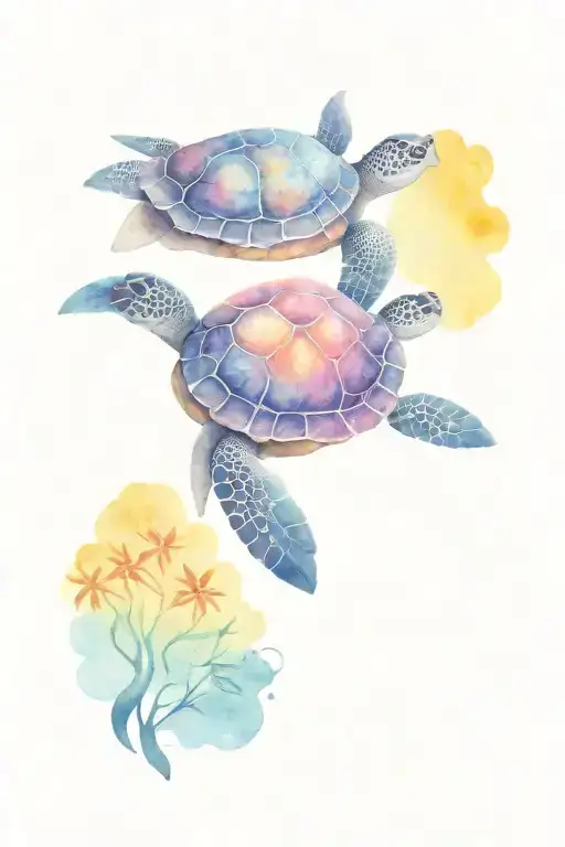 Sea Turtle Sunset Scene Featuring Children