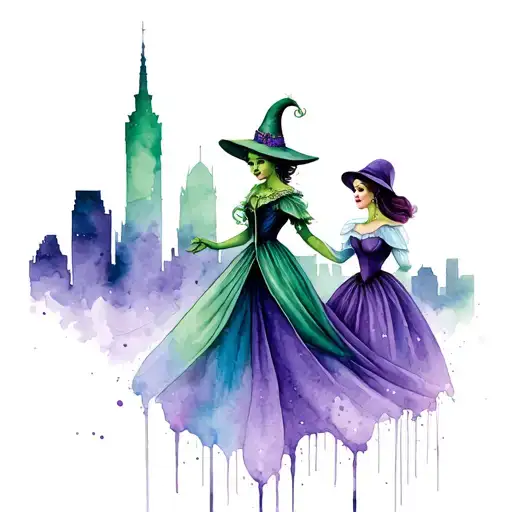 Elphaba And Glinda Emerald City Skyline In The Background