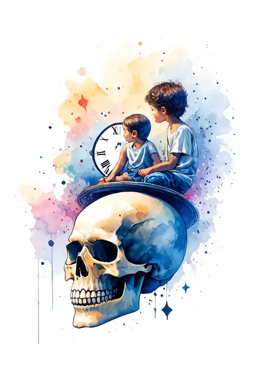 Skull In Space With Child Sitting A Top It Looking Into Space With Clock In The Background