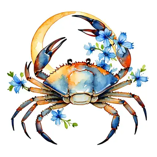 Crab Delphinium Flower Cancer Zodiac Sign With Crescent Moon