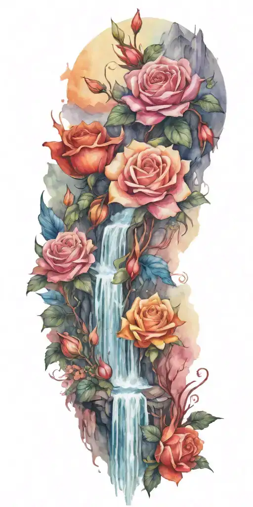 Roses And A Phoenix With A Waterfall And Mountains