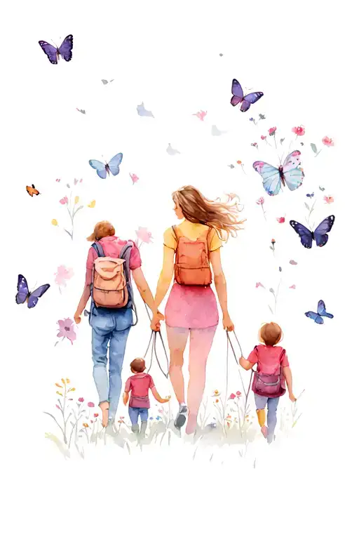 A Serene Forest Scene With A Mother And Her 3 Children Hiking Among Butterflies And Flowers