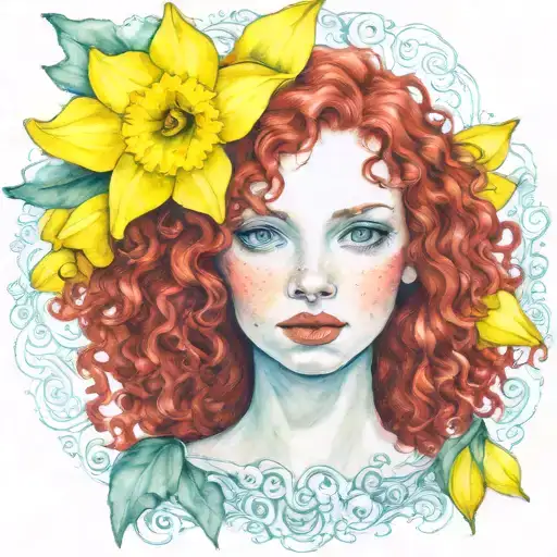 Red Curly Hair Blue Eyes Freckles 1 Yellow Daffodil Bud Nestled Green Background
