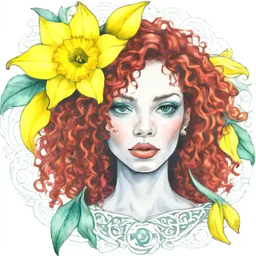 Red Curly Hair Blue Eyes Dark Skin 1 Yellow Daffodil Bud Nestled Green Background