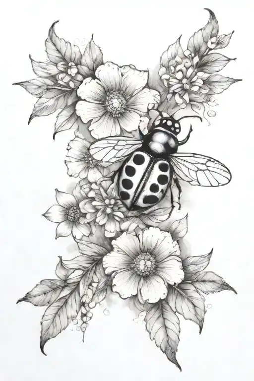 Complete Arm Sleeve Of Black And Gray Flowers With Colorful Ladybug