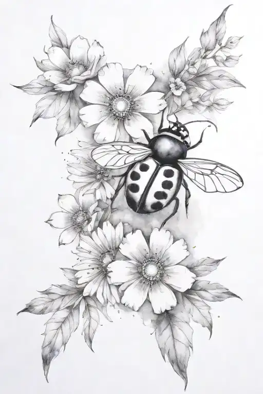 Complete Arm Sleeve Of Black And Gray Flowers With Colorful Ladybug