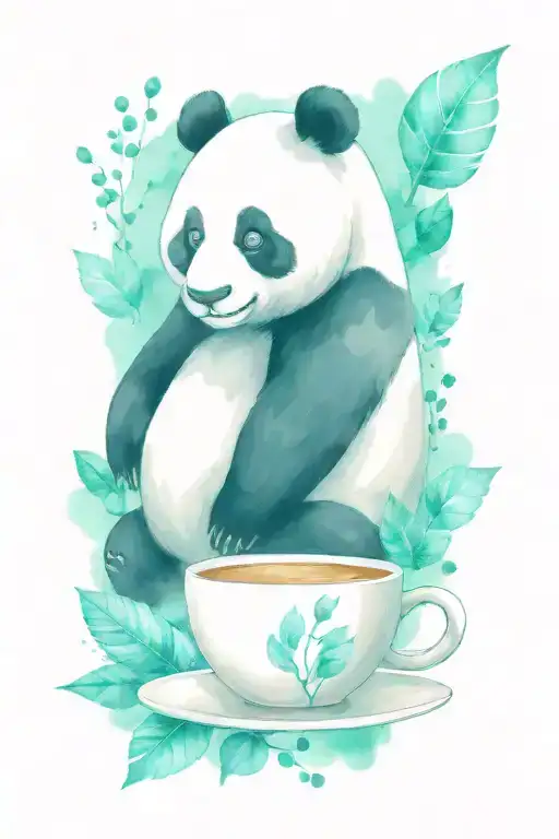 One Panda And Coffee Beans And Coffee Cup Surrounded
