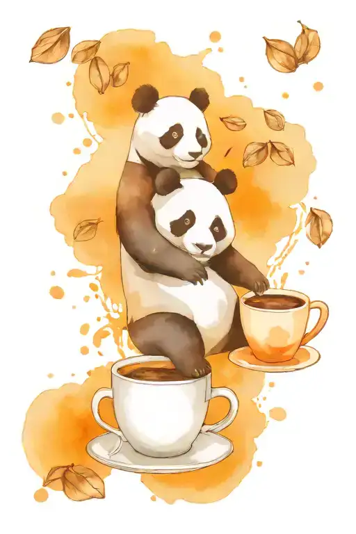 One Panda And Coffee Beans And Coffee Cup Surrounded