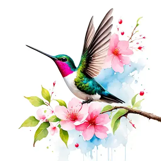 Realistic Hummingbird With Cherry Blossom