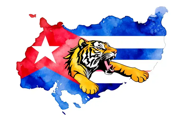 Tiger Roaring And Flag Of Cuba Island Map