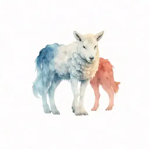 White Lamb In The Middle Surrounded By 5 Wolves With Red Eyes Black Like Smoke