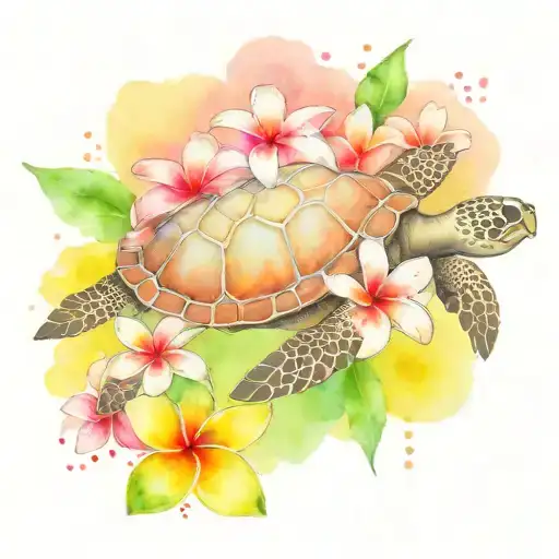 Sea Turtle And Plumeria Flower