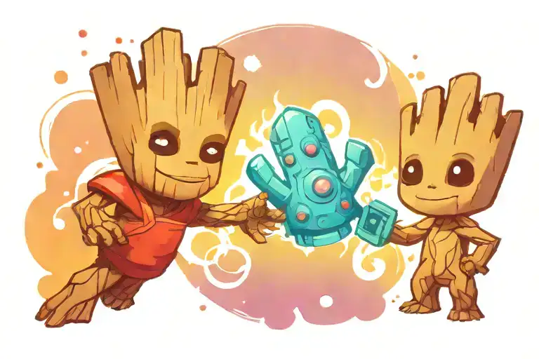 Cartoon Groot And Cartoon Rocket Playing Rock Paper Scissors Colourful