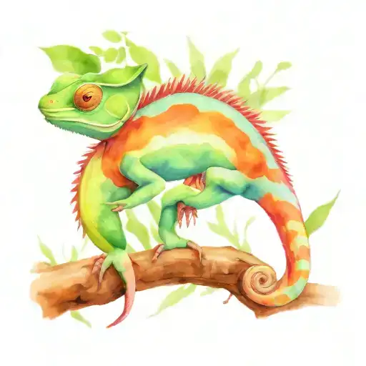 A Watercolor Chameleon Climbing