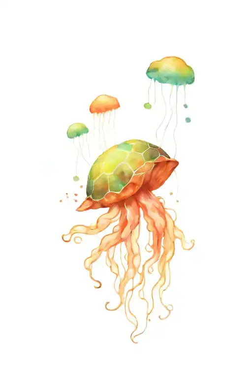 A Spray Art Inspired Tattoo Featuring A Jellyfish And Turtle In A Minimalist Style
