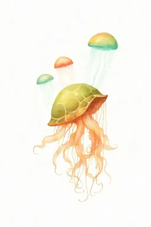 A Spray Art Inspired Tattoo Featuring A Jellyfish And Turtle In A Minimalist Style