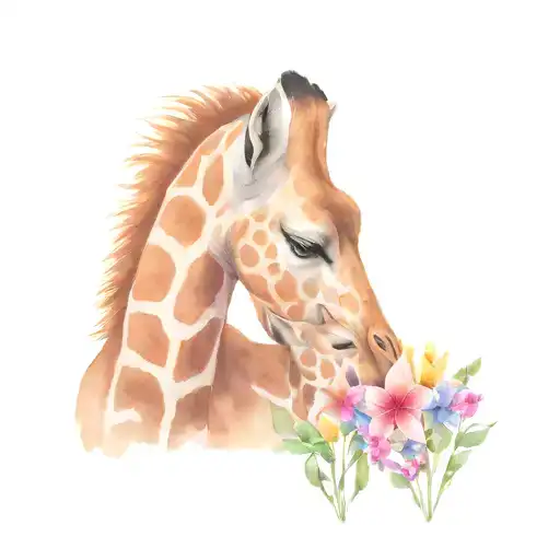 A Mother And Baby Giraffe Rub Noses Surrounded By Flowers