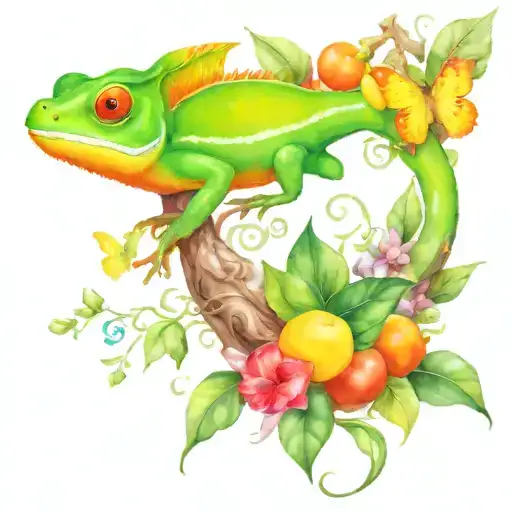 Tropical Island Chameleon Fruits Ivy Sun Sun Beams Flowers Butterflies