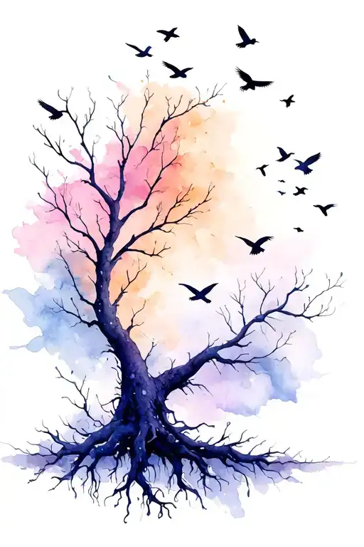 Tree Roots With Birds Flying Away