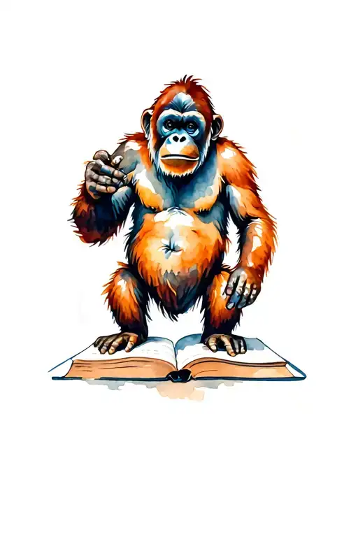 Orangutan Standing On A Closed Book From The Side