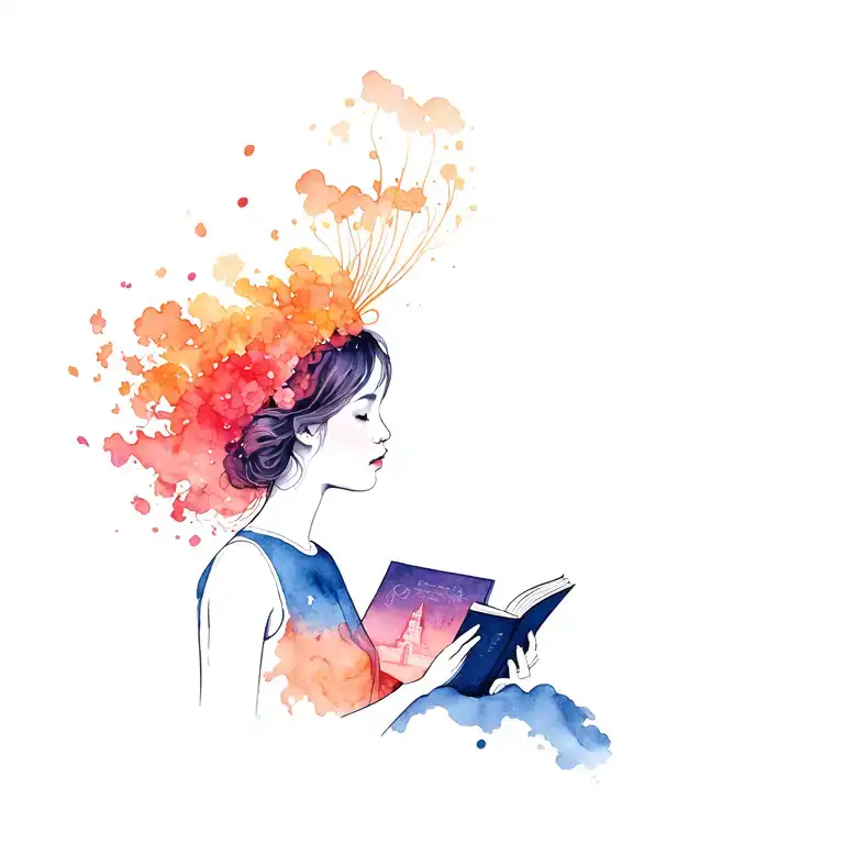 Girl Side-profile Reading Book But Instead Of Her Head It's A Surreal Image Of A Fantasy Land